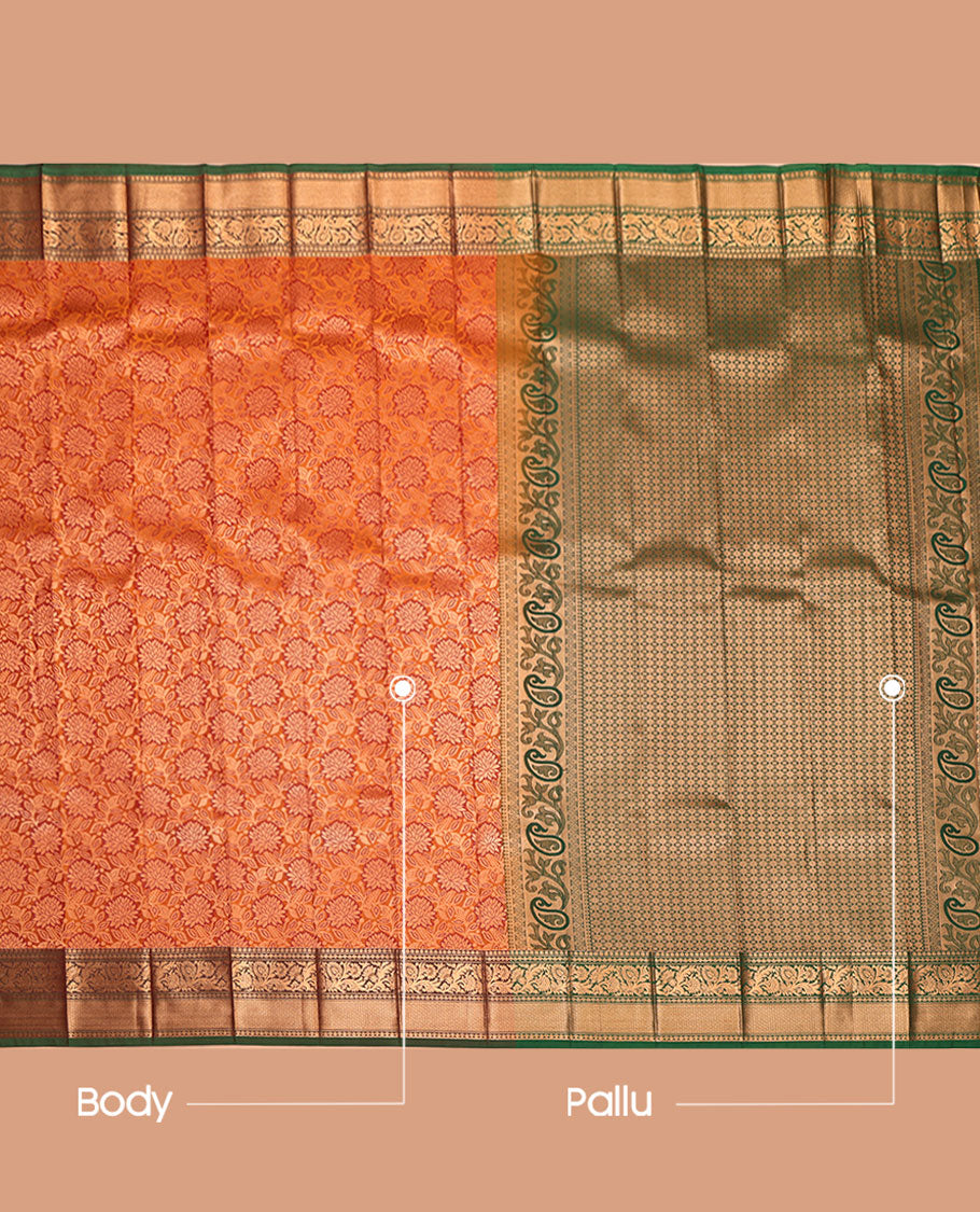 Orange Budget Silk Saree, Enthralled with Jacquard Design, Complemented by a Contrast Traditional Zari Border, Grand Pallu, and a Contrast Blouse