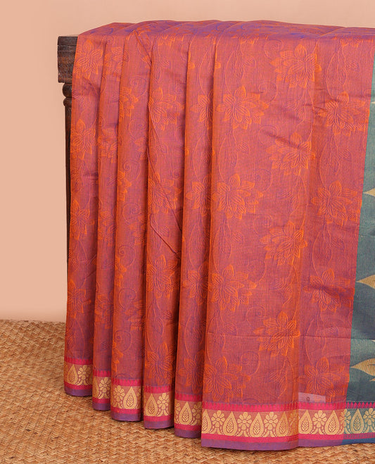 Orange sparely floral design Combatiore cotton saree, unique design border & contrast floral & geometric design pallu