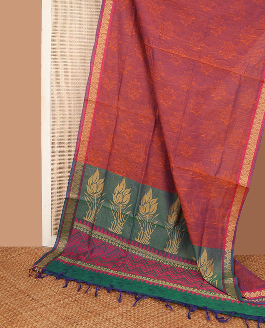 Orange sparely floral design Combatiore cotton saree, unique design border & contrast floral & geometric design pallu