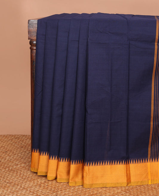 Oxford Blue plain Chettinad cotton saree, contrast temple thread border & striped pallu