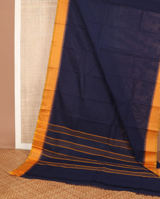 Oxford Blue plain Chettinad cotton saree, contrast temple thread border & striped pallu