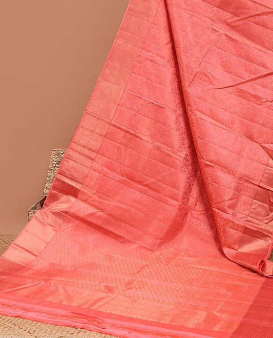 Peach floral jacquard kancheepuram silk saree with contrast checked zari border & intricate zari design pallu