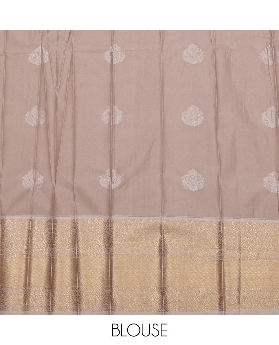 Orange-Pink Budget Silk Saree, Elevated with Zari Buttas on Its Body, Complemented by a Contrast Traditional Zari Border, Grand Pallu, and Paired with a Contrast Blouse