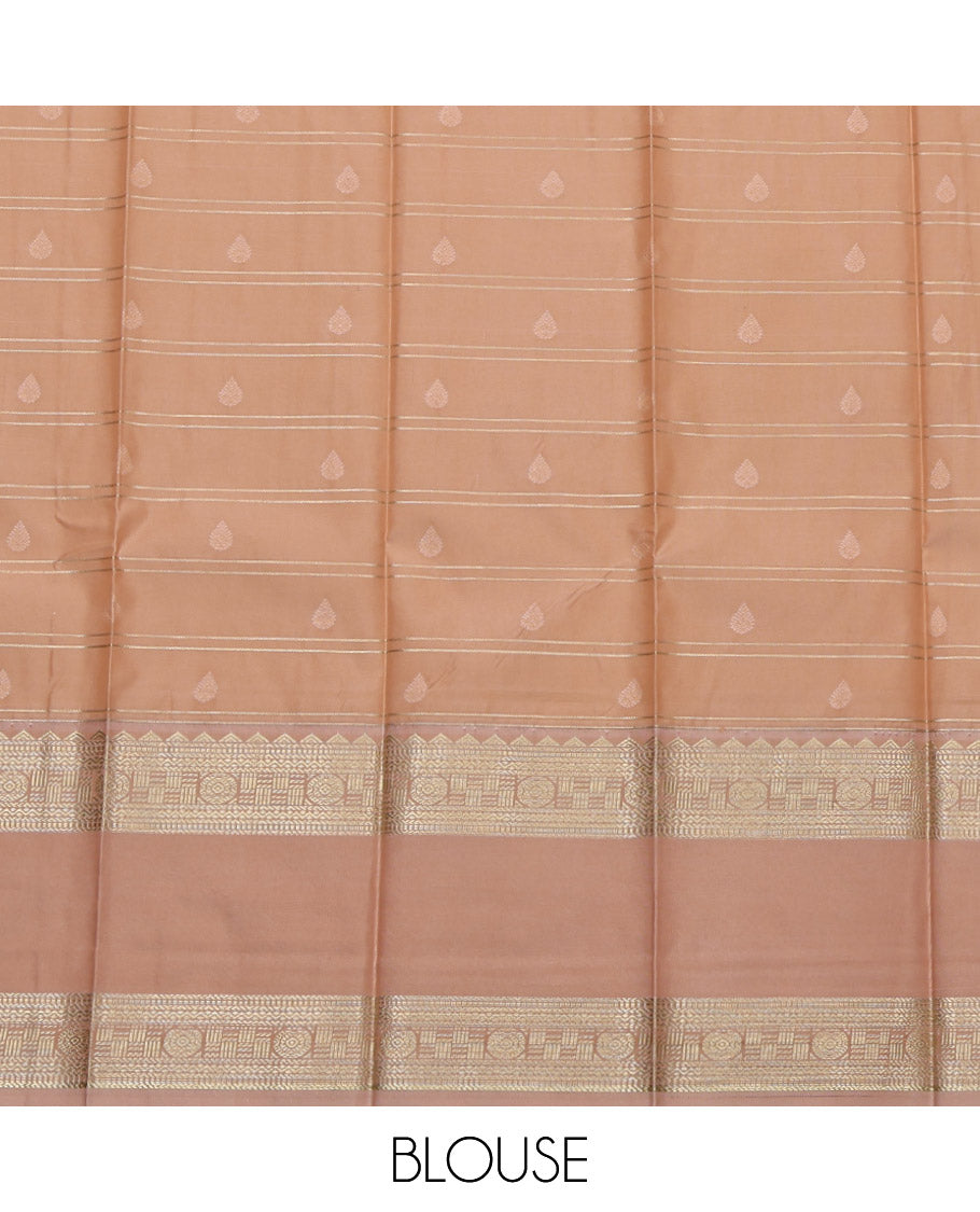 Brown Budget Silk Saree, Delicately Woven with Zari Buttas and Stripes, Complemented by Contrast Traditional Rettai Pettu Border, Grand Pallu and a Contrast Blouse