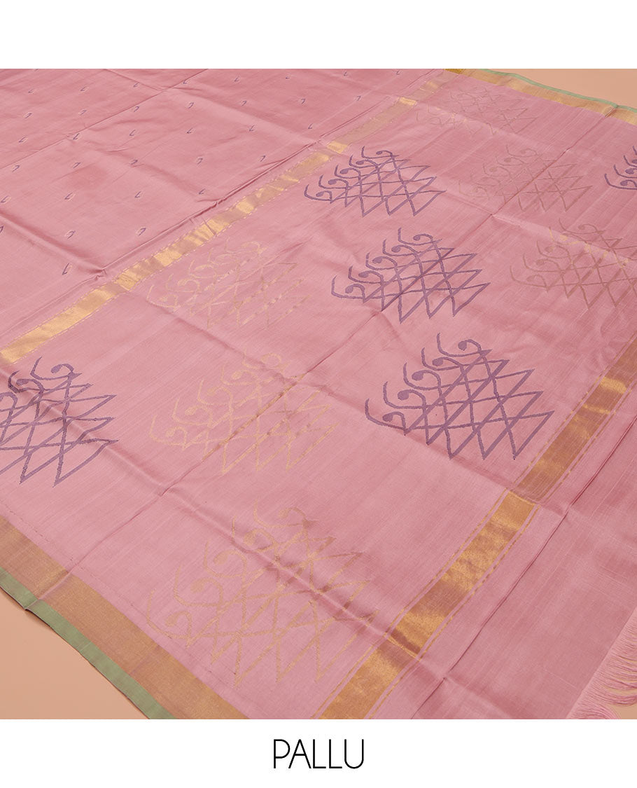 Pink Uppada Silk Saree, Adorned with Buttas All Over Its Body, Complemented by a Contrast Bavanji Border, Pallu of Unique Designs, and Paired with a Matching Blouse