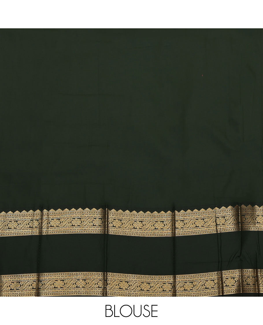 Orange Budget Silk Saree, Steeped in Richness of Zari Stripes and Zari Buttas on Its Body, Complemented by a Contrast Traditional Zari Designs Woven Rettai Pettu Border, Grand Jaal Pallu, and Paired with a Contrast Blouse