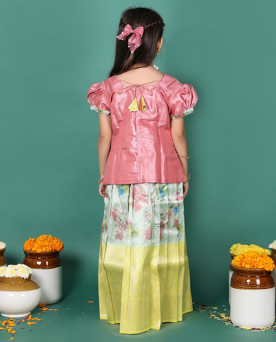 Green readymade art silk pavadai, floral print & contrast traditional zari border skirt, & embroidered puff-sleeve round-neck blouse