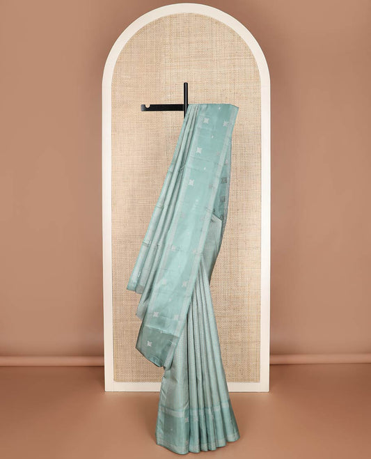 Green zari stripes silk saree, self-border of zari designs & pallu of zari-woven jaal designs