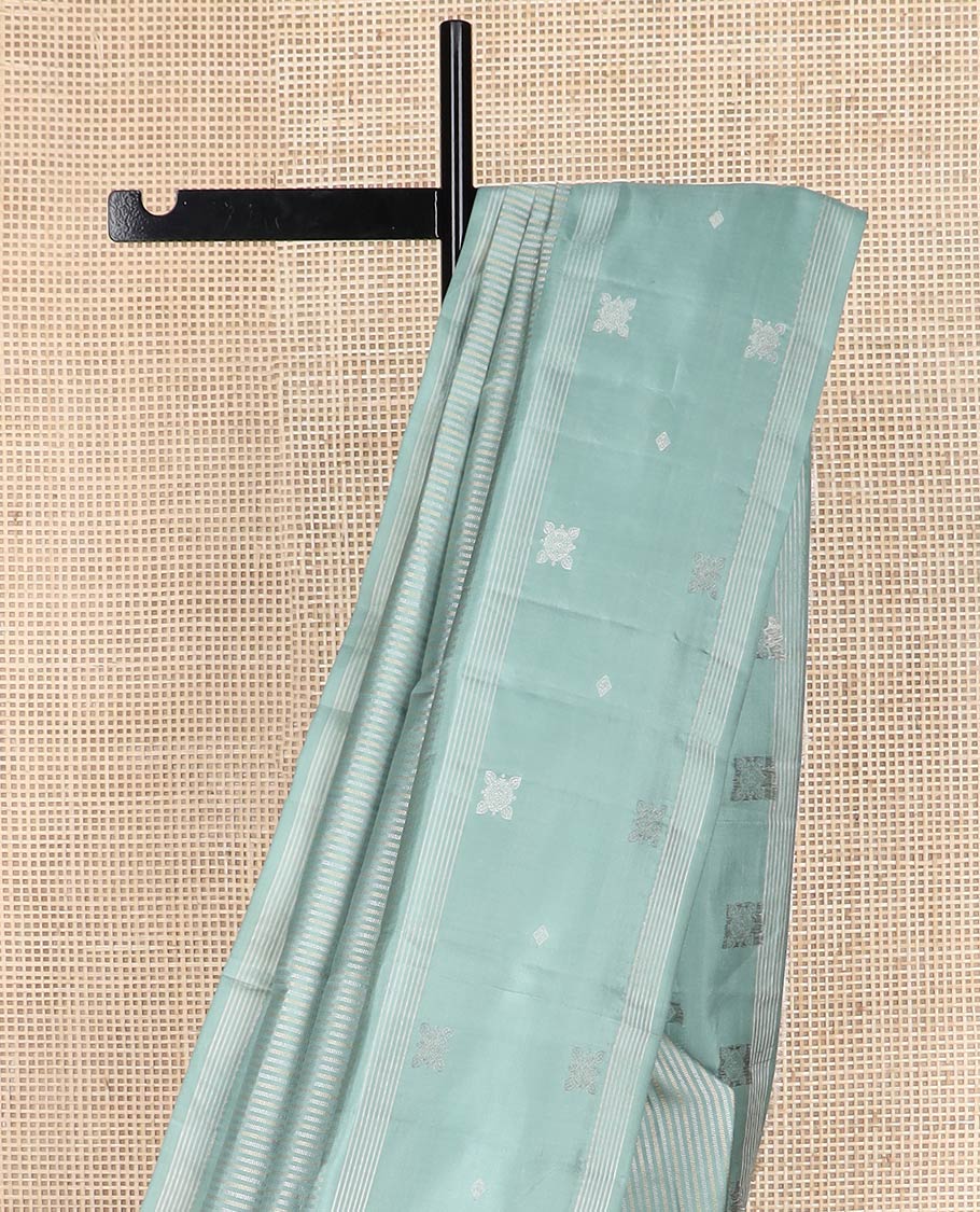 Green zari stripes silk saree, self-border of zari designs & pallu of zari-woven jaal designs