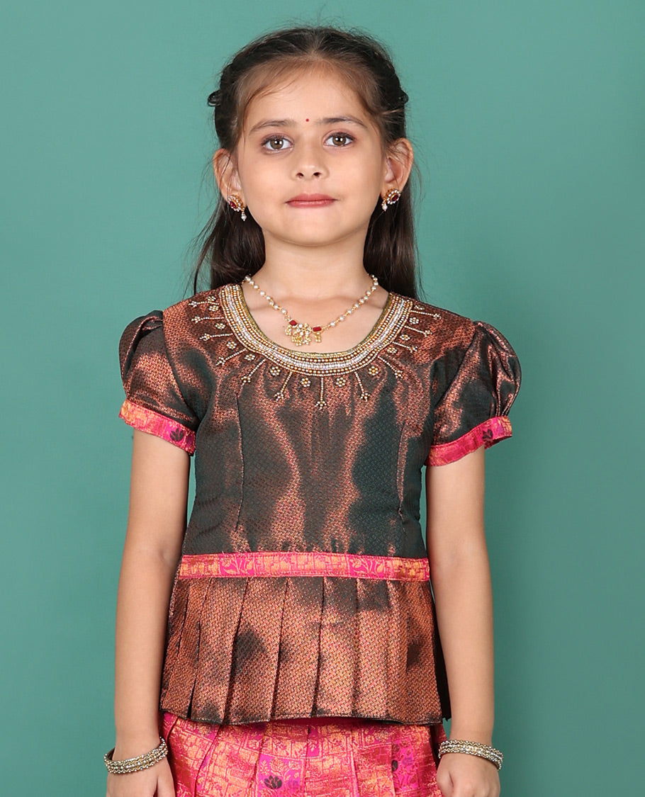 Pink readymade art silk pavadai, jacquard & contrast traditional zari border skirt, & jacquard embroidered puff-sleeve round-neck blouse