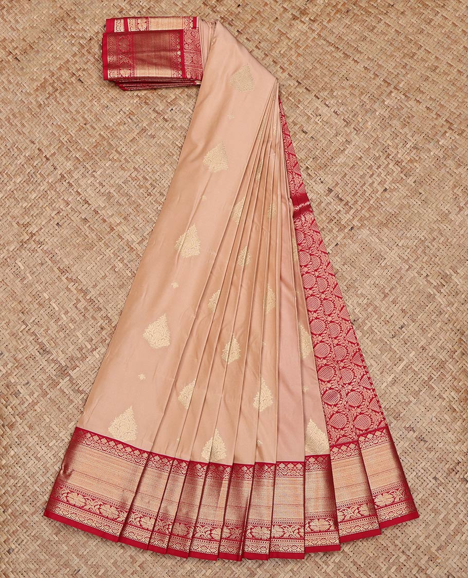 Peach Budget Silk Saree, Delicately Woven with Zari Buttas on Its Body, Complemented by a Contrast Traditional Zari Design Border, Intricately Designed Pallu, and Paired with a Contrast Blouse