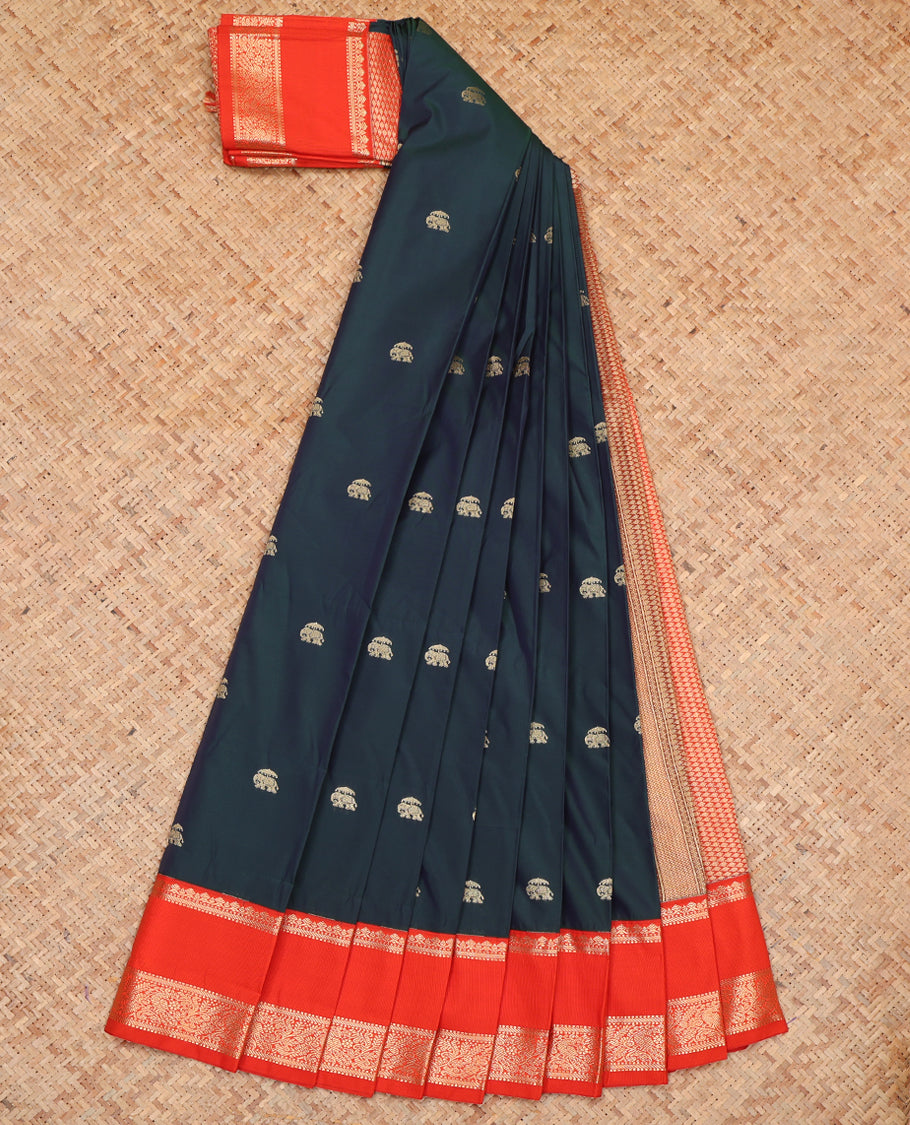 Blue Budget Silk Saree, Enthralled with Zari Buttas, Complemented by a Contrast Traditional Zari Border, Grand Pallu, and Contrast Blouse