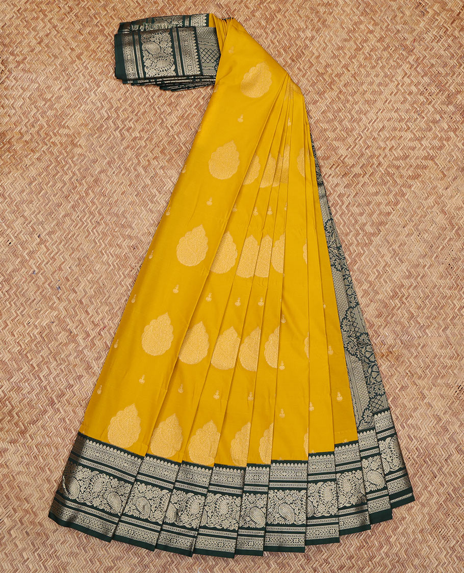 Yellow Budget Silk Saree, Woven with Zari Buttas, a Contrast Traditional Zari Border, Grand Pallu, and a Contrast Blouse