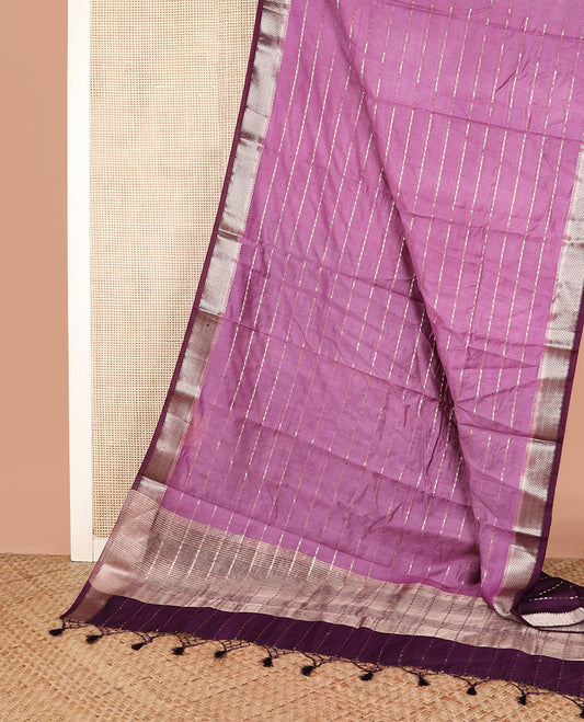 Light purple zari striped assam silk saree, contrast traditional zari border, and zari striped pallu