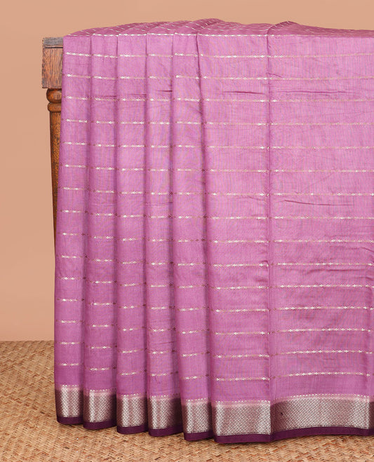 Light purple zari striped assam silk saree, contrast traditional zari border, and zari striped pallu