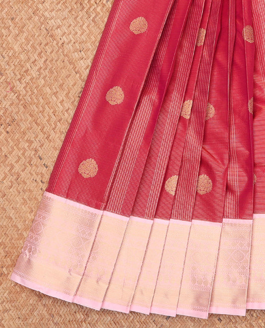 Red Budget Silk Saree, Artfully Detailed with Zari Buttas and Stripes, Complemented by a Contrast Traditional Zari Border, Jaal Pallu, and a Contrast Blouse