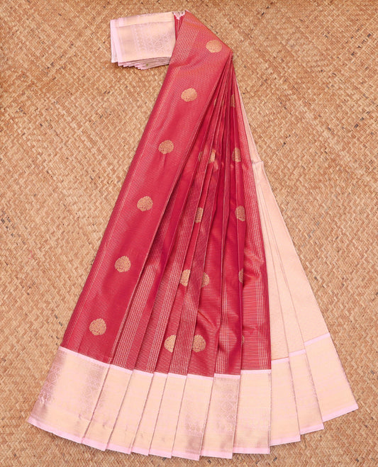 Red Budget Silk Saree, Artfully Detailed with Zari Buttas and Stripes, Complemented by a Contrast Traditional Zari Border, Jaal Pallu, and a Contrast Blouse