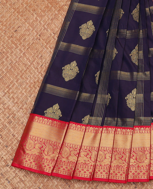 Blue Budget Silk Saree, Spotlighted with Zari Butta Enclosed Checks, Complemented by a Contrast Traditional Zari Border, Grand Pallu, and Contrast Blouse