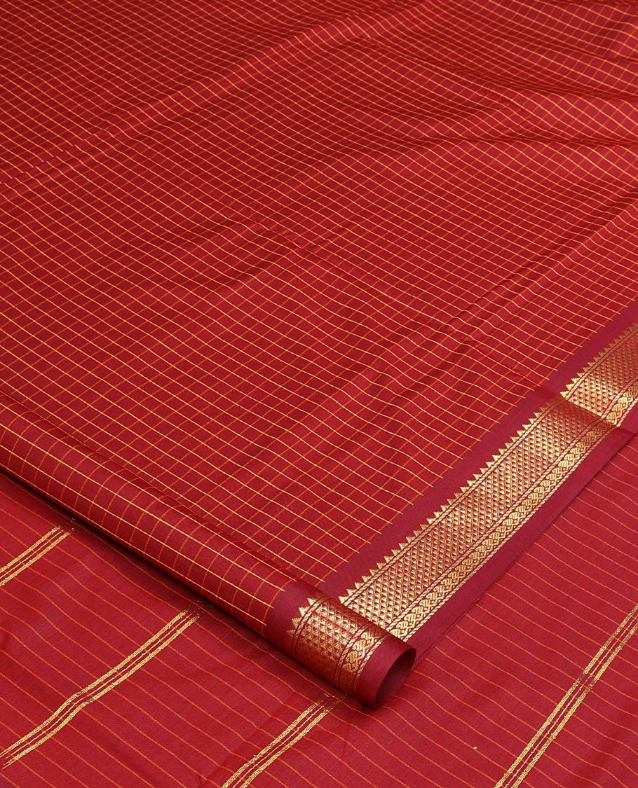 Red checked nine-yard cotton saree, traditional design border, and striped pallu
