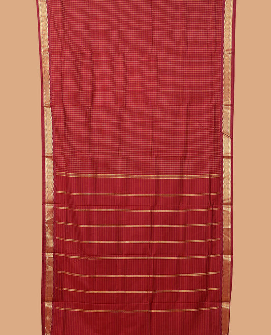Red checked nine-yard cotton saree, traditional design border, and striped pallu