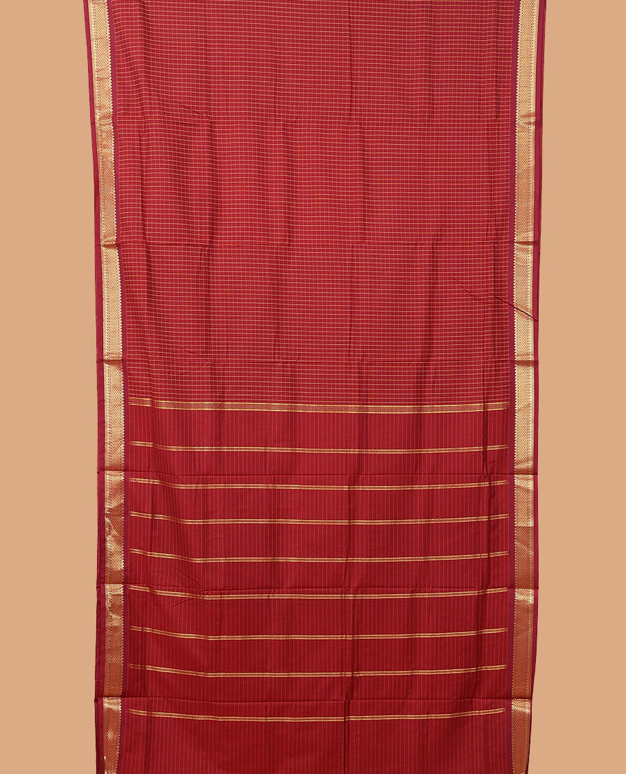 Red checked nine-yard cotton saree, traditional design border, and striped pallu