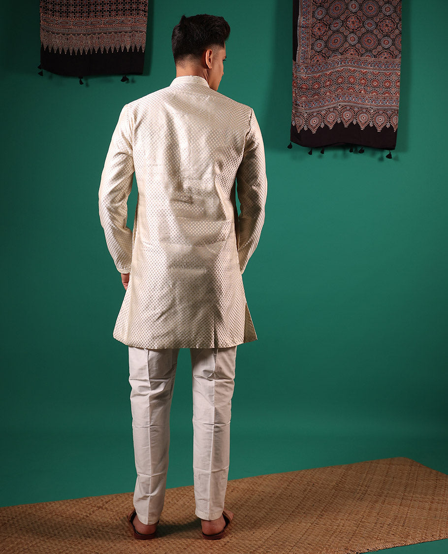 Light sandal white jaal pattern embossed full-sleeved men's kurta