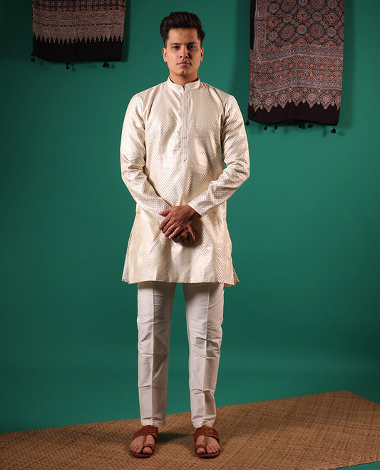 Light sandal white jaal pattern embossed full-sleeved men's kurta