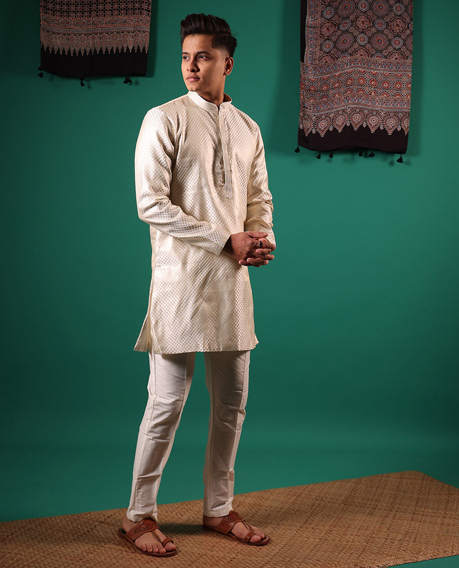 Light sandal white jaal pattern embossed full-sleeved men's kurta