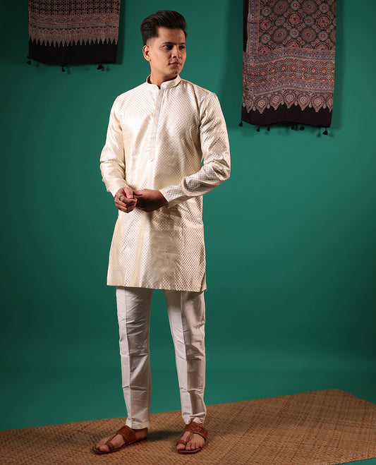 Light sandal white jaal pattern embossed full-sleeved men's kurta
