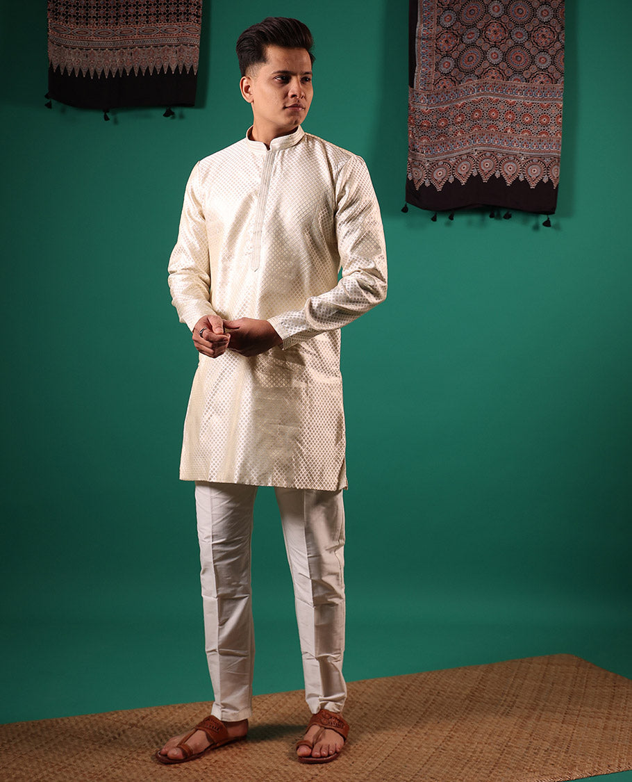 Light sandal white jaal pattern embossed full-sleeved men's kurta
