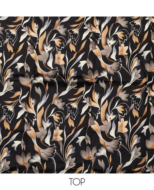 Black material chudidar set, abstract floral print with French knot work top, plain bottom, and dupatta of checks and floral print