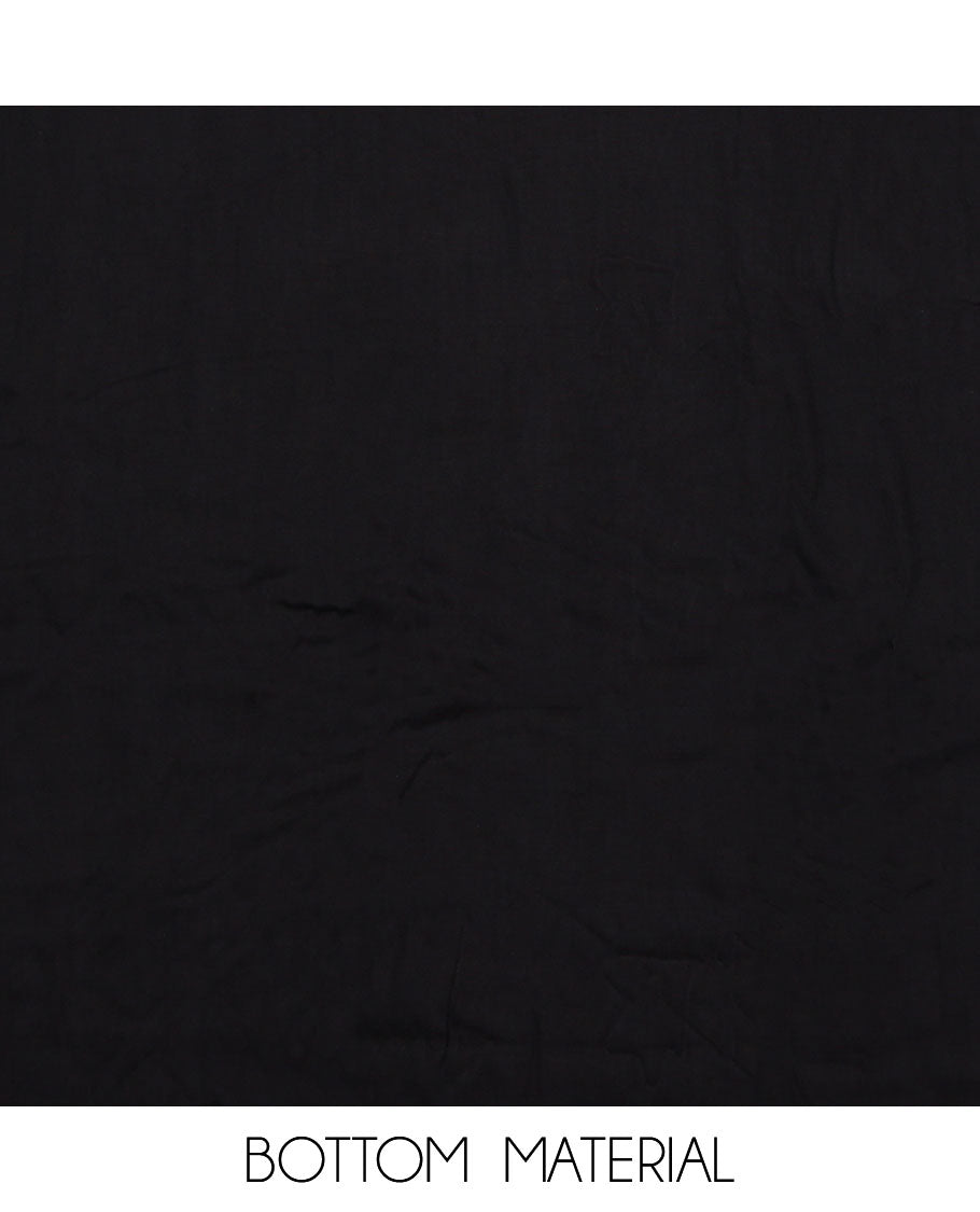 Black material chudidar set, abstract floral print with French knot work top, plain bottom, and dupatta of checks and floral print