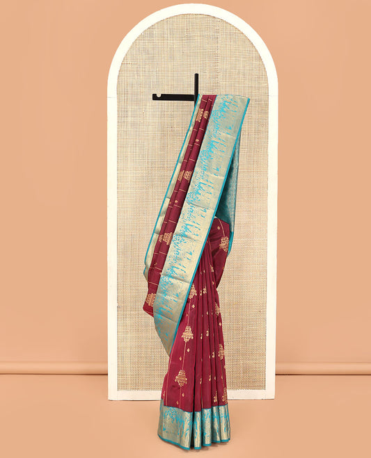 Maroon Vasundhara Lite Silk Mix Saree, Adorned with Zari Designs, Complemented by a Contrast Border of Bridegroom-Themed Designs, Grandly Designed Pallu, and Paired with a Contrast Blouse