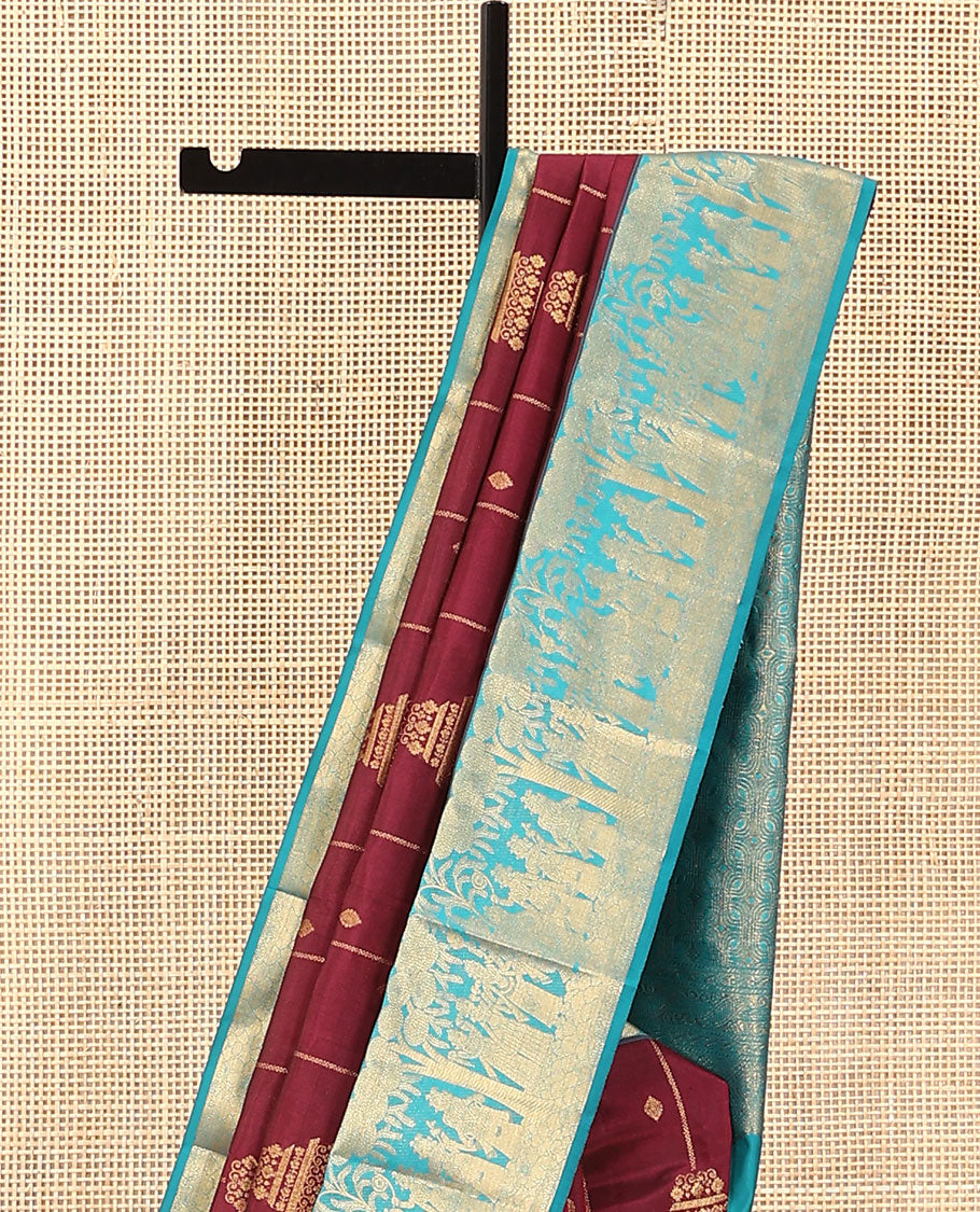 Maroon Vasundhara Lite Silk Mix Saree, Adorned with Zari Designs, Complemented by a Contrast Border of Bridegroom-Themed Designs, Grandly Designed Pallu, and Paired with a Contrast Blouse