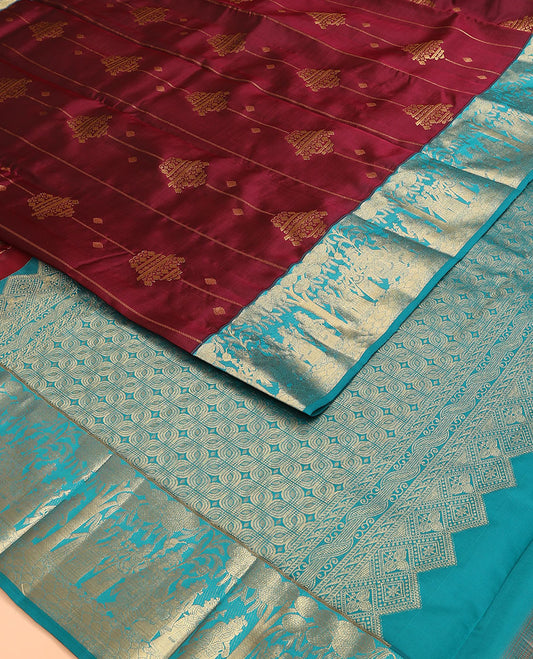 Maroon Vasundhara Lite Silk Mix Saree, Adorned with Zari Designs, Complemented by a Contrast Border of Bridegroom-Themed Designs, Grandly Designed Pallu, and Paired with a Contrast Blouse