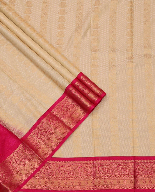 Sandal Art Silk Pavadai Material Set Gracefully Embellished with Chevron and Floral Patterns on Its Skirt, Complemented by Contrast Traditional Zari Design Border, and Paired with a Contrast Blouse