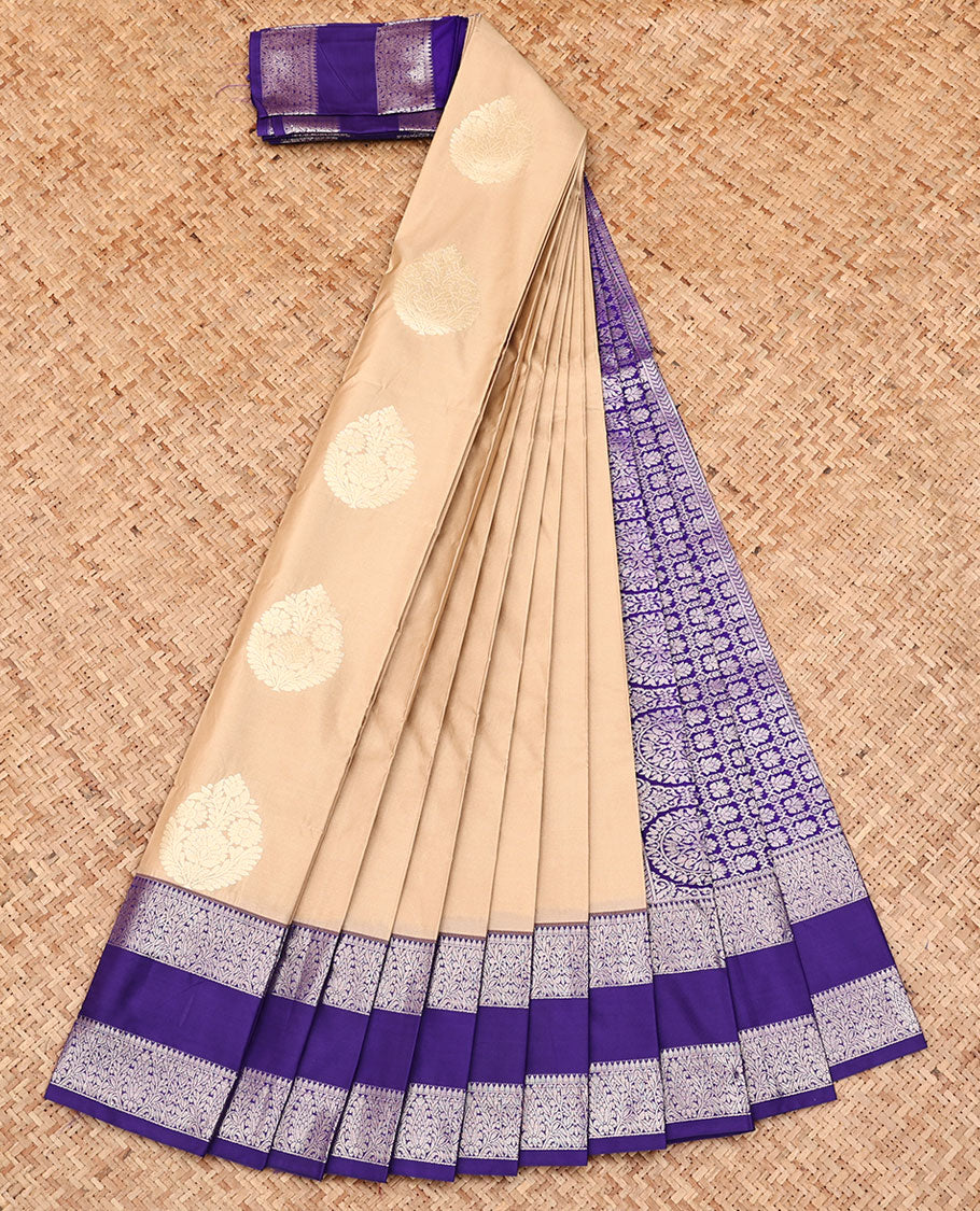 Sandal Budget Silk Saree, Sparsely Woven with Zari Buttas, Complemented by a Contrast Traditional Zari Design Rettai Pettu Border, Intricately Designed Pallu, and Paired with a Contrast Blouse