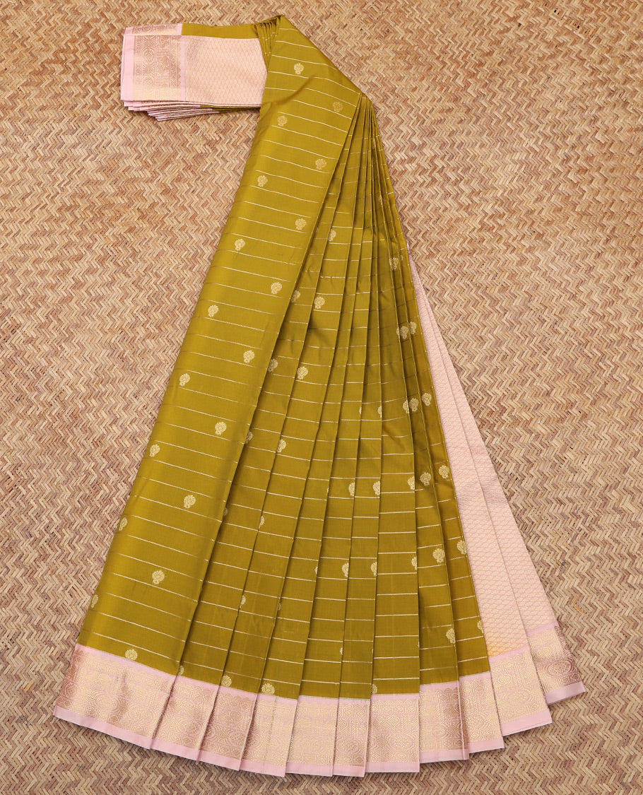 Green Budget Silk Saree, Enriched with Zari Butta and Stripes, Complemented by a Contrast Traditional Zari Border, Jaal Pallu, and a Contrast Blouse