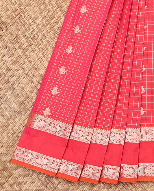Pink Budget Silk Saree, Finely Crafted with Zari Buttas and Checks, a Rettai Pettu Traditional Border, Complemented by a Contrast Grand Pallu, and a Contrast Blouse