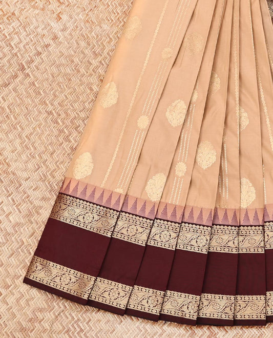 Pale Brown Budget Silk Saree Features Zari Buttas, Complemented by a Contrast Traditional Zari Rettai Pettu Border, Jaal Pallu, and Contrast Blouse