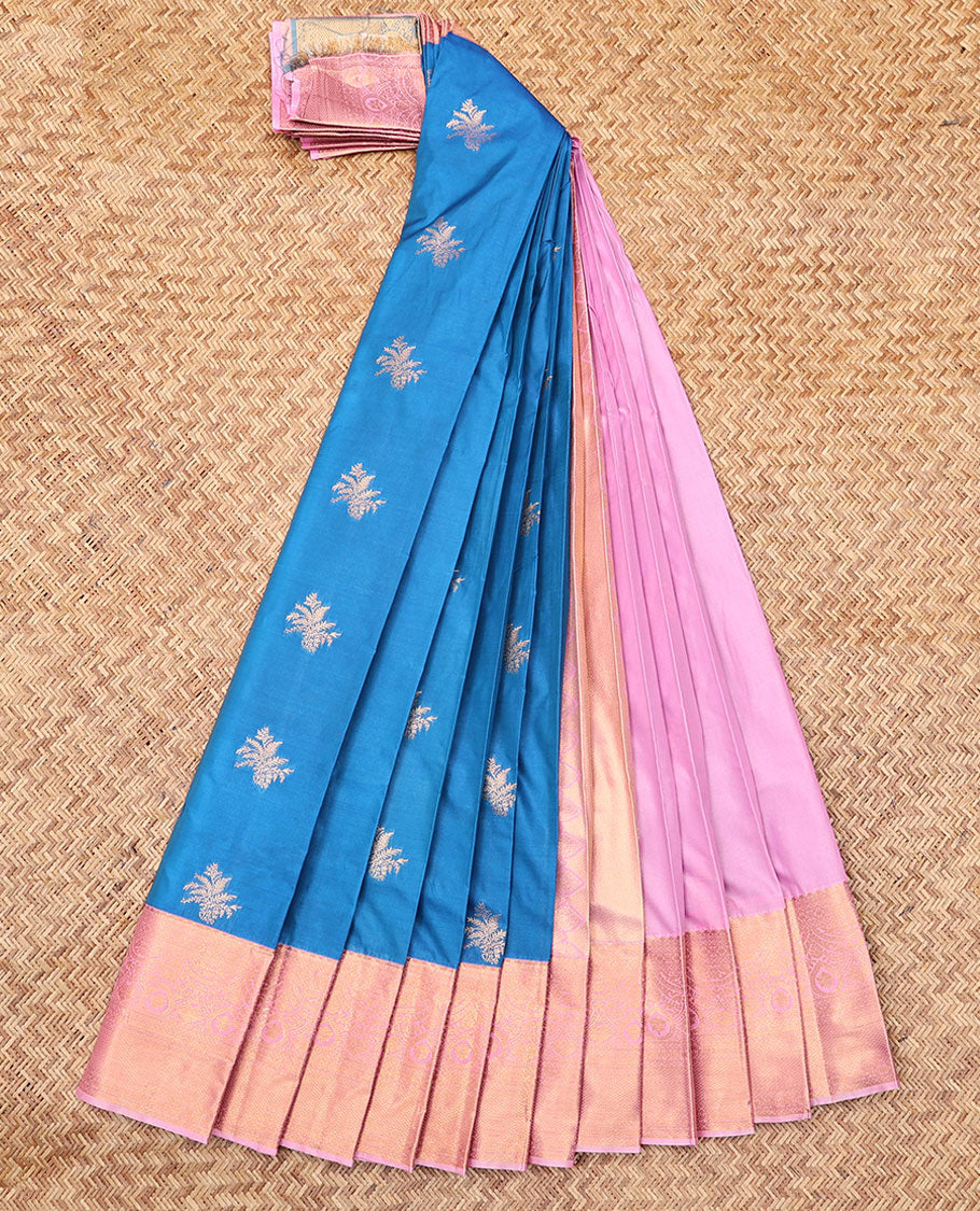 Blue Budget Silk Saree, Ornamented with Zari Buttas, Complemented by Contrast Traditional Zari Border, a Grand Pallu and a Contrast Blouse