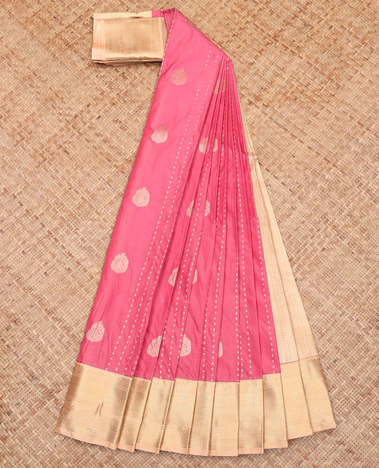 Pink Budget Silk Saree, Beautified with Zari Buttas All Over Its Body, Complemented by a Contrast Traditional Zari Design Border, a Sparsely Woven Pallu, and Paired with a Contrast Blouse