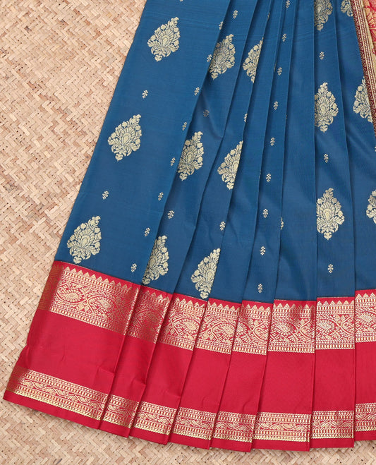 Blue Budget Silk Saree, Accentuated with Zari Buttas on Its Body, Complemented by a Contrast Traditional Zari Design Rettai Pettu Border, Grand Pallu, and Paired with a Contrast Blouse