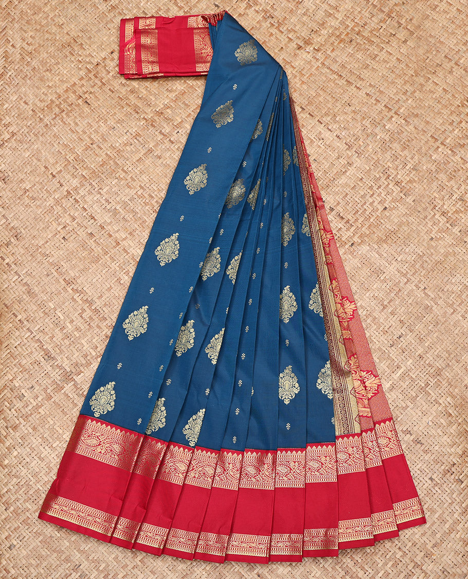 Blue Budget Silk Saree, Accentuated with Zari Buttas on Its Body, Complemented by a Contrast Traditional Zari Design Rettai Pettu Border, Grand Pallu, and Paired with a Contrast Blouse