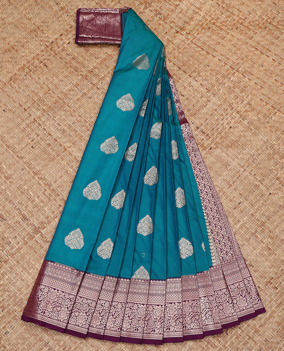 Blue Budget Silk Saree, Enriched with Zari Buttas All Over Its Body, Complemented by a Contrast Traditional Zari Design Border, Intricate Pallu, and Paired with a Contrast Blouse