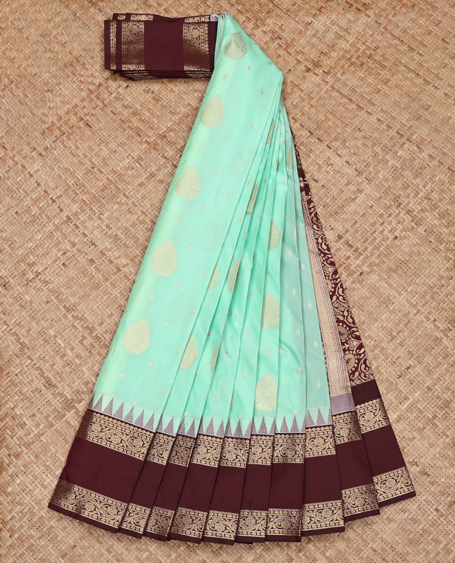 Turquoise Budget Silk Saree, Featuring Zari Buttas on Its Body, Complemented by a Contrast Traditional Zari Design Rettai Pettu Temple Border, Grand Pallu, and Paired with a Contrast Blouse