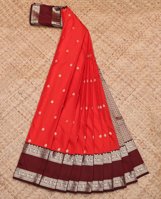 Red Budget Silk Saree, Enthralled with Zari Buttas, Contrast Traditional Zari Rettai Pettu Border, Grand Jaal Pallu, and a Contrast Blouse