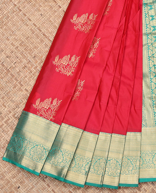 Red Budget Silk Saree, Enthralled with Zari Buttas, Contrast Traditional Zari Border, Grand Pallu, and a Contrast Blouse