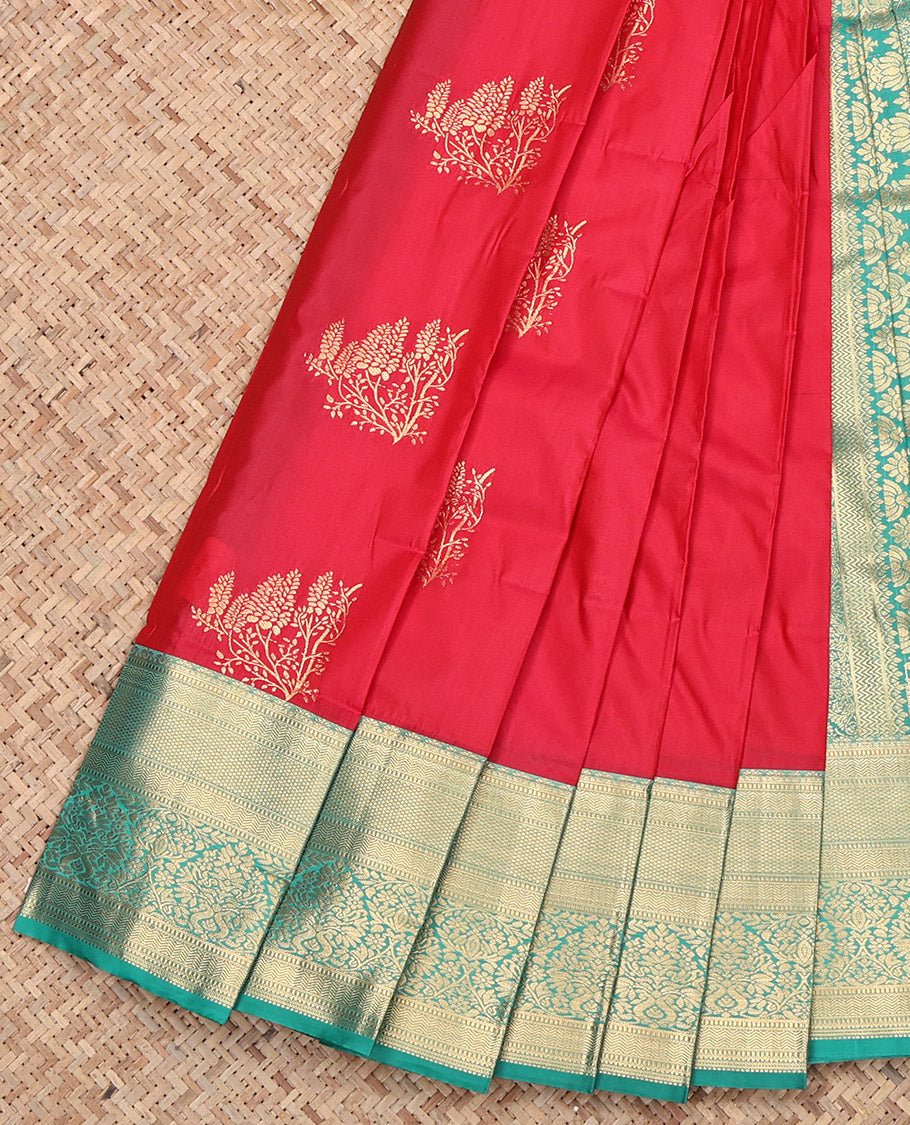 Red Budget Silk Saree, Enthralled with Zari Buttas, Contrast Traditional Zari Border, Grand Pallu, and a Contrast Blouse