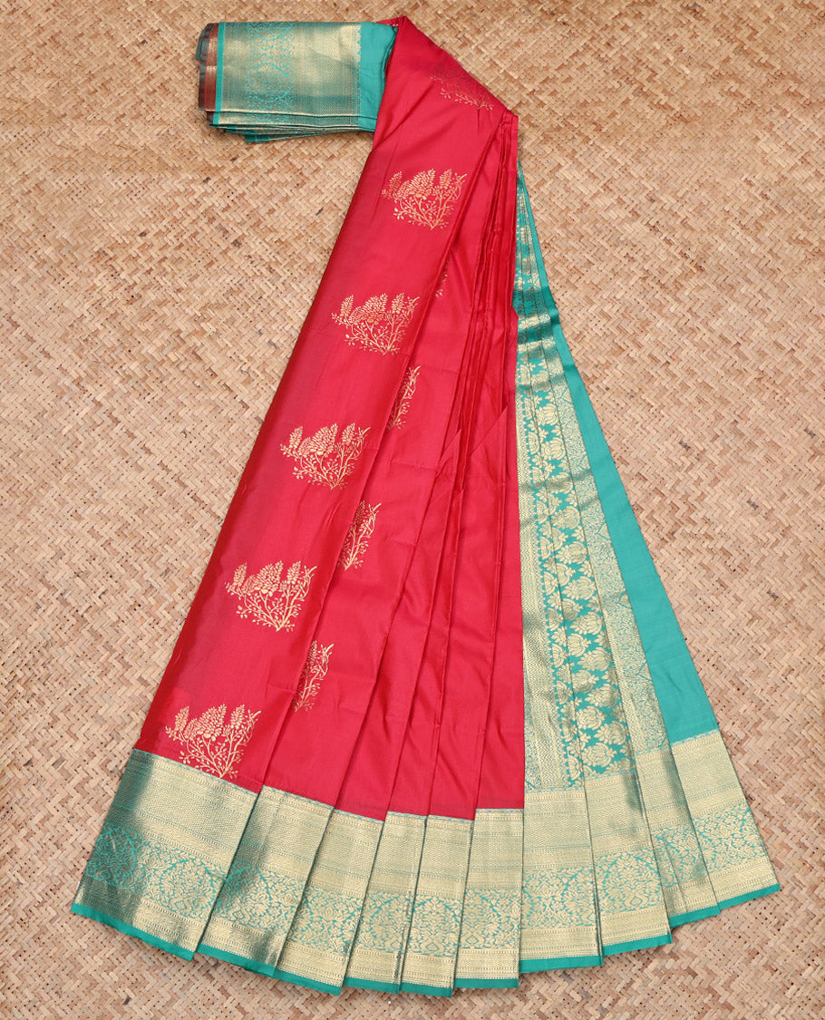 Red Budget Silk Saree, Enthralled with Zari Buttas, Contrast Traditional Zari Border, Grand Pallu, and a Contrast Blouse